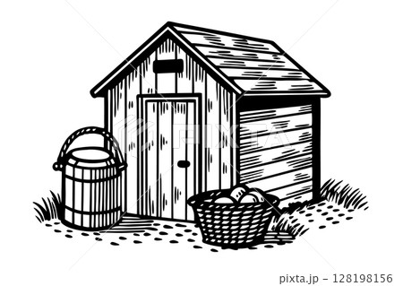 Rustic wooden shed with basket of apples and water well, vintage rural hand drawn illustration, AI Generative 128198156
