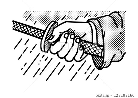 Samurai hand gripping katana sword in rain traditional japanese martial art, courage, discipline, warrior strength, AI Generative 128198160