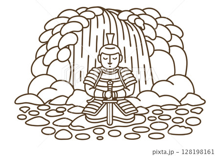 Samurai warrior meditating under waterfall traditional armor, sword and tranquil nature scene, calm mindfulness, AI Generative 128198161