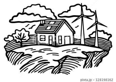 Eco friendly house with solar panels and wind turbines for sustainable renewable energy in rural landscape, AI Generative 128198162