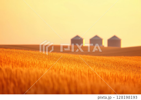 Golden wheat field at sunset with silhouettes of distant silos under a golden sky, AI Generative Golden wheat field at sunset with silhouettes of distant silos under a golden sky, AI Generative 128198193