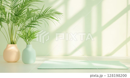 Sunlit interior with potted palms and pastel decor in serene minimalist space, AI Generative 128198200