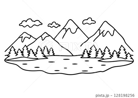 Mountain landscape with lake and evergreen trees simple black and white nature illustration, outdoor scenery, AI Generative 128198256