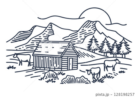 Rustic cabin in mountain landscape with grazing cows and pine trees rural countryside nature scenery scene, AI Generative Rustic cabin in mountain landscape with grazing cows and pine trees rural countryside nature scenery scene, AI Generative 128198257
