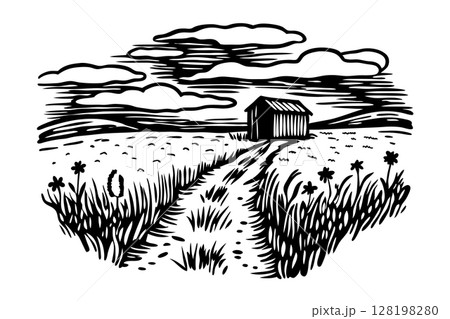 Countryside barn on rural path with cloudy sky rustic fields, wildflowers, solitary shed in black and white illustration, AI Generative 128198280