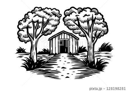 Rustic wooden barn pathway between two trees, hand drawn rural countryside landscape, black and white sketch, AI Generative 128198281