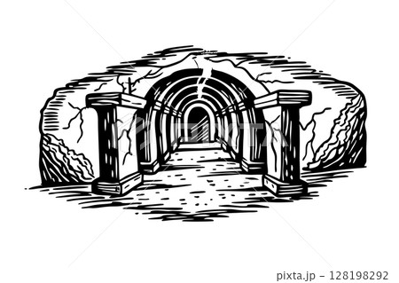 Ancient stone tunnel entrance with columns, hand drawn sketch of underground cave or passage illustration, AI Generative 128198292