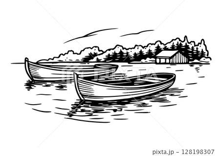 Rowboats floating on calm water near forested shoreline and wooden cabin, peaceful lakeside scene illustration, AI Generative 128198307