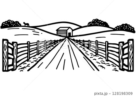 Country road with wooden fence, farmhouse and rolling hills rural landscape, agriculture and nature illustration, AI Generative 128198309