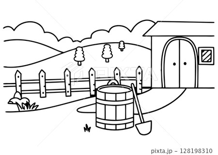 Country farm landscape with barn, wooden fence, water well and hills rural scenery line art illustration, AI Generative 128198310