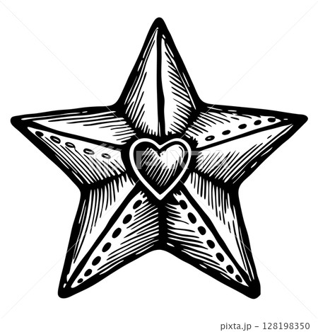 Hand drawn star with heart center, vintage black and white illustration, decorative line art design, AI Generative Hand drawn star with heart center, vintage black and white illustration, decorative line art design, AI Generative 128198350
