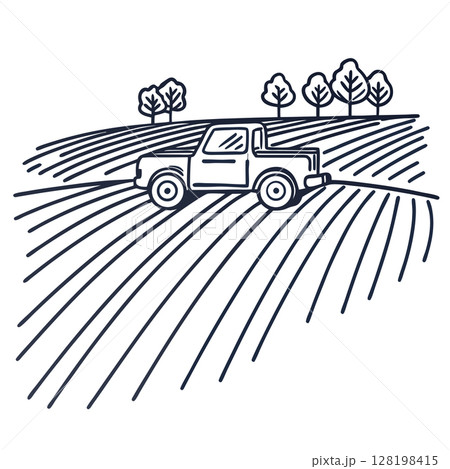 Pickup truck driving across rural farmland with fields and trees agriculture transport countryside landscape, AI Generative 128198415