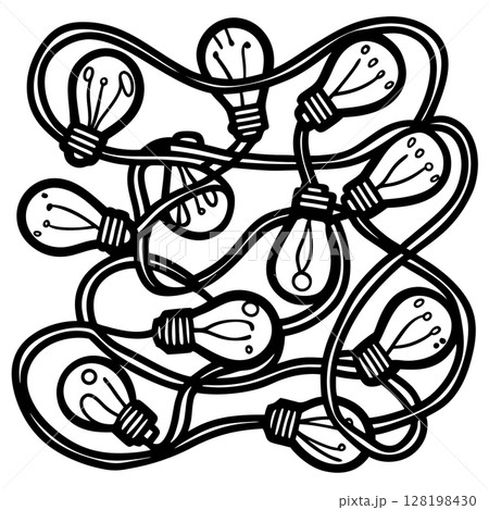 Tangled string of light bulbs, chaotic arrangement electricity, ideas, inspiration, confusion, abstract creativity, AI Generative 128198430