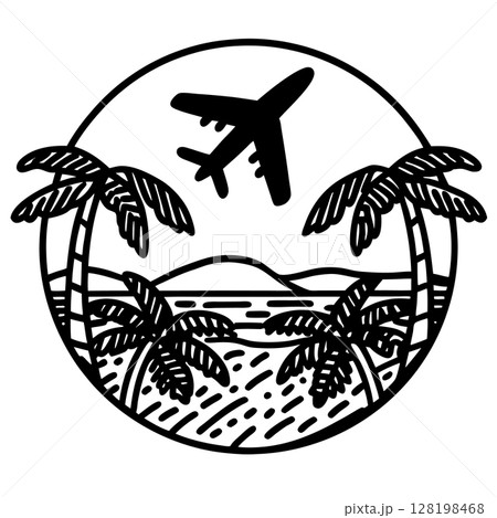 airplane flying above tropical beach landscape with palm trees and mountains, summer travel and vacation concept, AI Generative airplane flying above tropical beach landscape with palm trees and mountains, summer travel and vacation concept, AI Generative 128198468