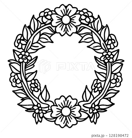 Floral wreath outline illustration with blooming flowers and leaves, decorative botanical circle design, AI Generative 128198472