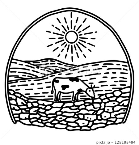 Cow grazing in pasture under sun rural countryside landscape with stone wall, rolling hills and meadows, AI Generative 128198494