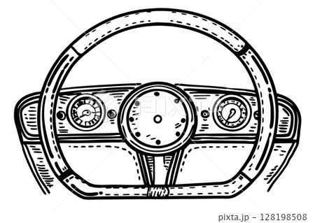 Classic car steering wheel with dashboard gauges vintage automobile vehicle control, retro driving concept, AI Generative 128198508