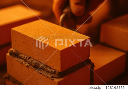Precision bricklaying by skilled mason, hand placing rectangular brick with fresh mortar in warm sunlight, construction detail, AI Generative 128198553