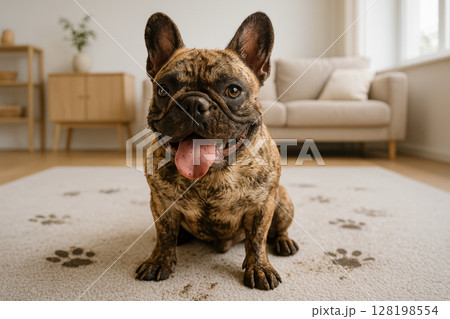 Happy french bulldog sitting on a living room carpet with muddy paws, cheerful expression and playful indoor atmosphere, AI Generative 128198554