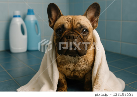 Wet french bulldog wrapped in a towel after bath sitting on blue tiled bathroom floor with detergent bottles in the background, AI Generative 128198555