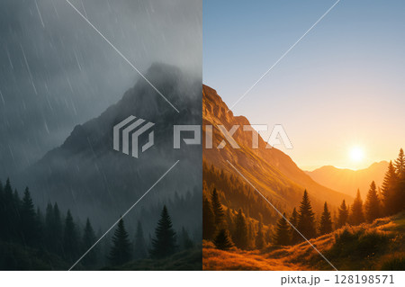 Mountain landscape transformation split by weather with rainy foggy forest on left and vibrant sunrise sunlight on right, AI Generative 128198571