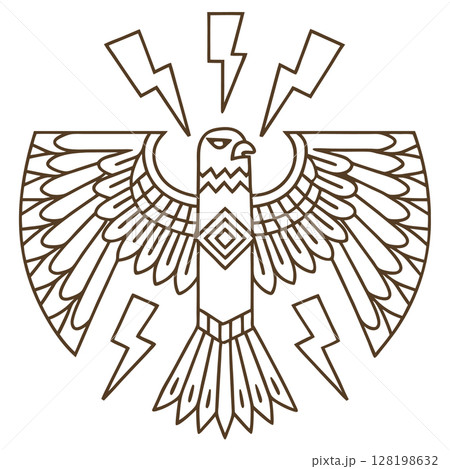 Thunderbird line art with outstretched wings and lightning bolts tribal, mythical bird symbol illustration, AI Generative 128198632