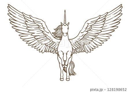 Majestic winged unicorn flying forward mythical fantasy creature with large feathered wings and spiral horn, AI Generative 128198652