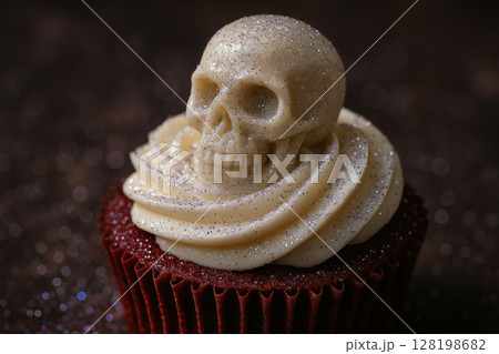 Chocolate cupcake topped with a white edible skull and glittery frosting swirl against a dark sparkling background for halloween, AI Generative 128198682