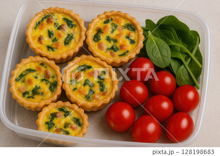 Mini spinach egg tarts with cherry tomatoes and fresh spinach leaves in a lunch container for a healthy portable meal, AI Generative 128198683