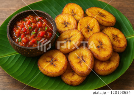 Crispy fried plantains arranged on a banana leaf with spicy tomato salsa in a wooden bowl, traditional savory snack presentation, AI Generative 128198684