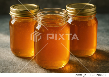 Three glass jars filled with golden honey with metal lids sparkling in natural light on a rustic gray surface, AI Generative 128198685