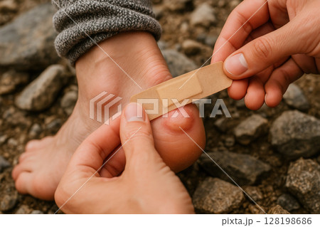 Applying adhesive bandage on a blistered heel during a rugged outdoor hike on rocky terrain to provide relief and protection, AI Generative 128198686