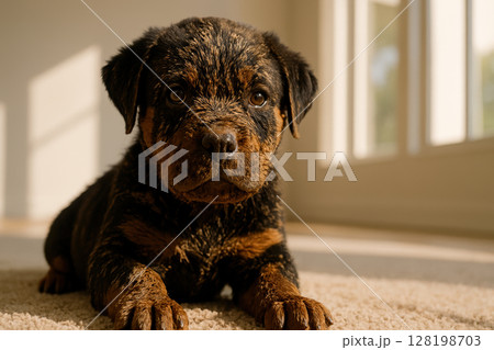 Adorable muddy puppy resting on a sunlit carpet inside a cozy home near large bright windows, AI Generative 128198703