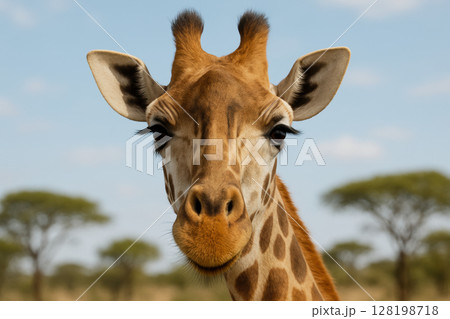 Curious giraffe facing the camera in the african savannah on a bright day with acacia trees and blue sky in the background, AI Generative Curious giraffe facing the camera in the african savannah on a bright day with acacia trees and blue sky in the background, AI Generative 128198718