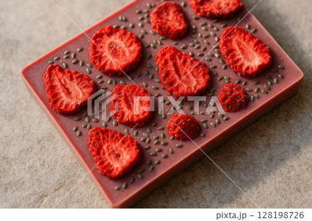 Artisan dark chocolate bar topped with freeze dried strawberries and chia seeds on rustic stone background for gourmet cuisine, AI Generative Artisan dark chocolate bar topped with freeze dried strawberries and chia seeds on rustic stone background for gourmet cuisine, AI Generative 128198726