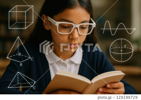 Focused young girl reading a book while studying geometric shapes and mathematical formulas for education and academic learning, AI Generative 128198729