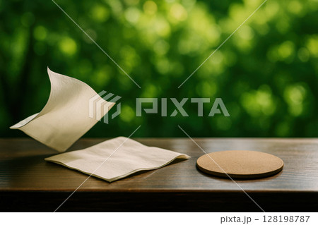 White paper napkins flying on wooden table next to cork coaster, outdoor natural green blurred background, AI Generative 128198787