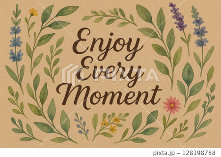Inspirational hand lettered message surrounded by watercolor floral leafy branches on brown textured background for motivation, AI Generative 128198788
