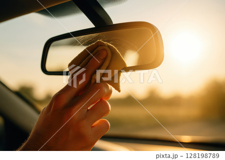 Man cleaning interior car rearview mirror with cloth at sunset, maintaining visibility and safety while driving, AI Generative 128198789