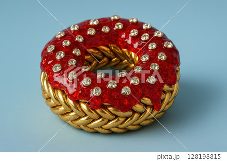 Decadent golden twisted donut with glossy red icing and decorative gemstones on a minimal pastel background, AI Generative Decadent golden twisted donut with glossy red icing and decorative gemstones on a minimal pastel background, AI Generative 128198815