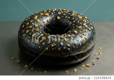 Gourmet black donut with metallic gold flakes and iridescent glaze on a matte surface against a teal background, AI Generative 128198824