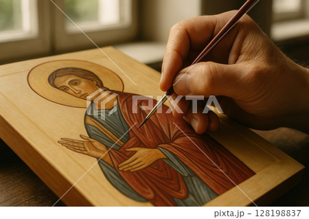 Hand painting traditional religious icon on wooden panel with fine brush in natural window light indoors, AI Generative 128198837