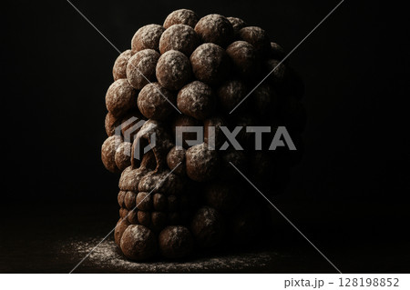Chocolate dessert skull composed of round truffle balls dusted with powdered sugar against a dark moody background, AI Generative 128198852