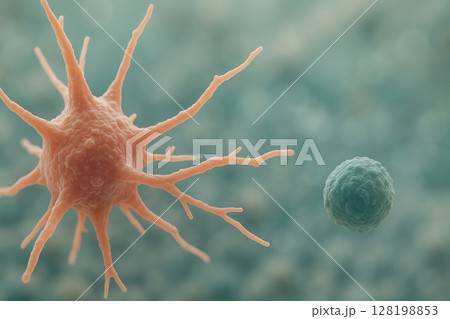 Microscopic view of immune cell attacking pathogen in the human body illustrating cellular defense mechanism and disease response, AI Generative 128198853
