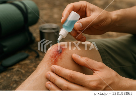 Person treating knee wound with antiseptic outdoors during hiking, focusing on first aid care and outdoor emergency preparedness, AI Generative 128198863