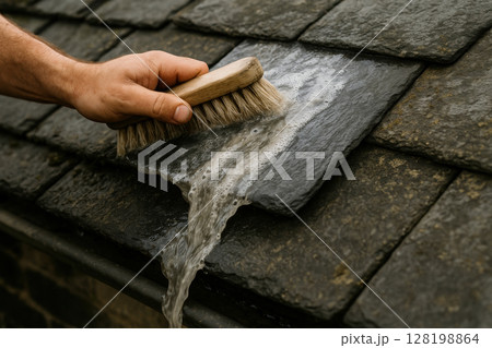 Hand cleaning roof shingles with soap and brush, removing dirt and debris under running water during maintenance process, AI Generative 128198864