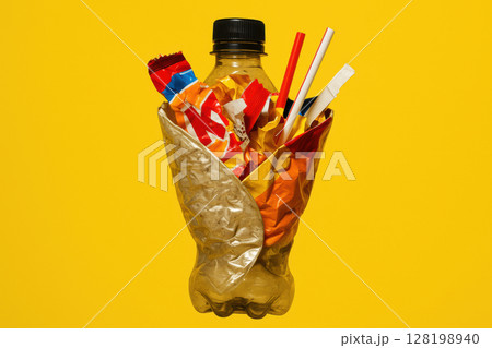 Crushed plastic bottle filled with mixed waste including candy wrappers and straws isolated on yellow background, AI Generative 128198940