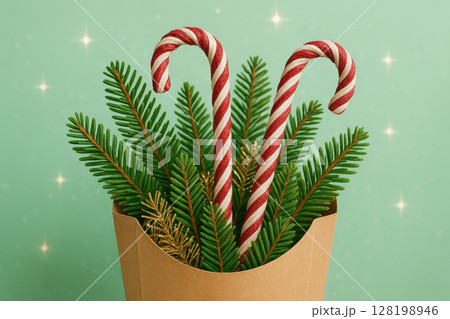 Festive candy canes and evergreen spruce branches in craft paper bag against mint green background with sparkling twinkle lights, AI Generative 128198946