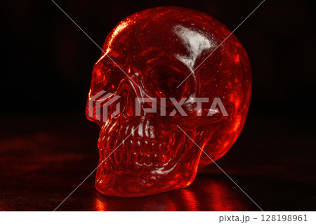 Translucent red skull sculpture illuminated in dramatic lighting, showcasing detailed bone structure and glossy surface texture, AI Generative 128198961