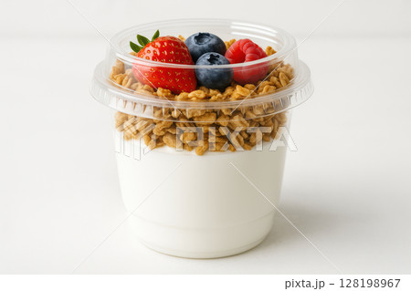 Fresh yogurt parfait with granola, strawberry, blueberry, and raspberry in a clear plastic cup on white background, AI Generative Fresh yogurt parfait with granola, strawberry, blueberry, and raspberry in a clear plastic cup on white background, AI Generative 128198967